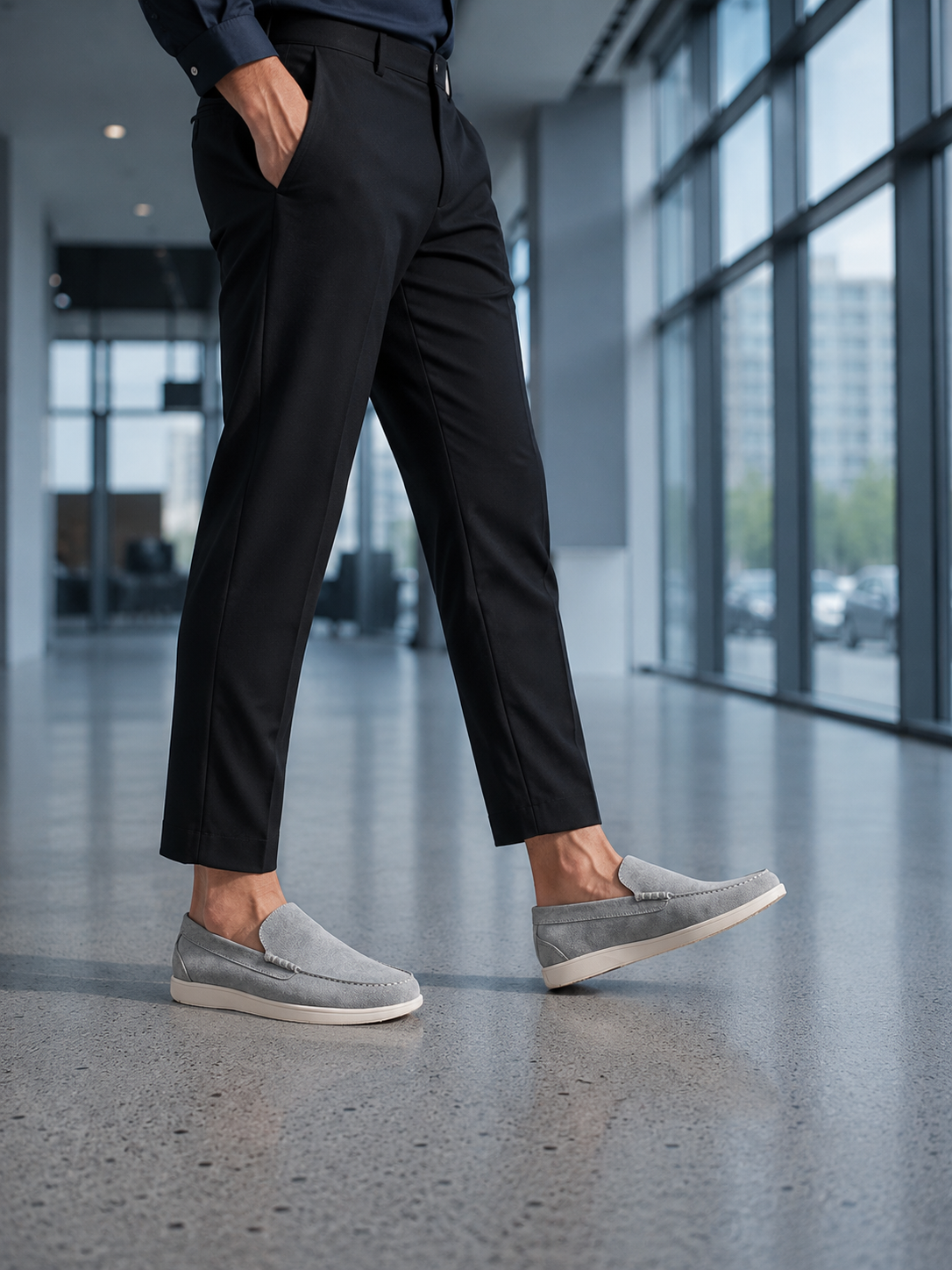 Person wearing black pants and gray loafers in a modern indoor setting