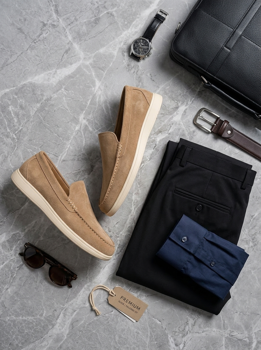 Tan loafers, black pants, navy shirt, sunglasses, watch, and leather belt on a gray marble surface.