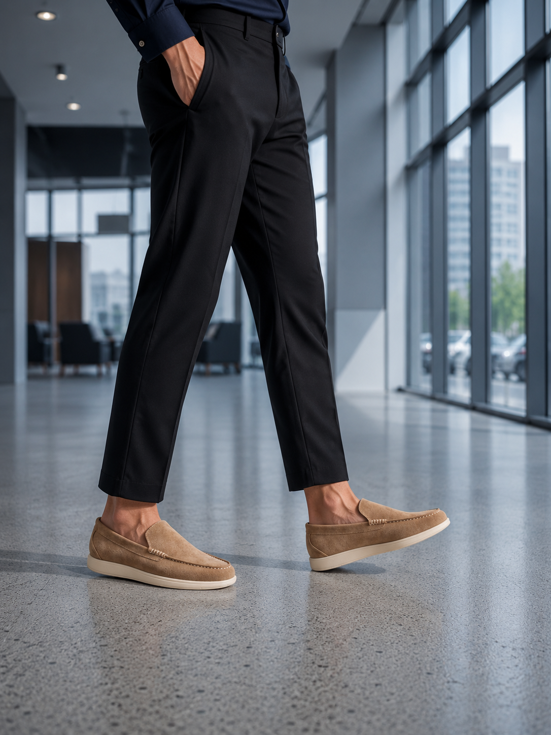 Person wearing black pants and brown shoes in a modern indoor setting