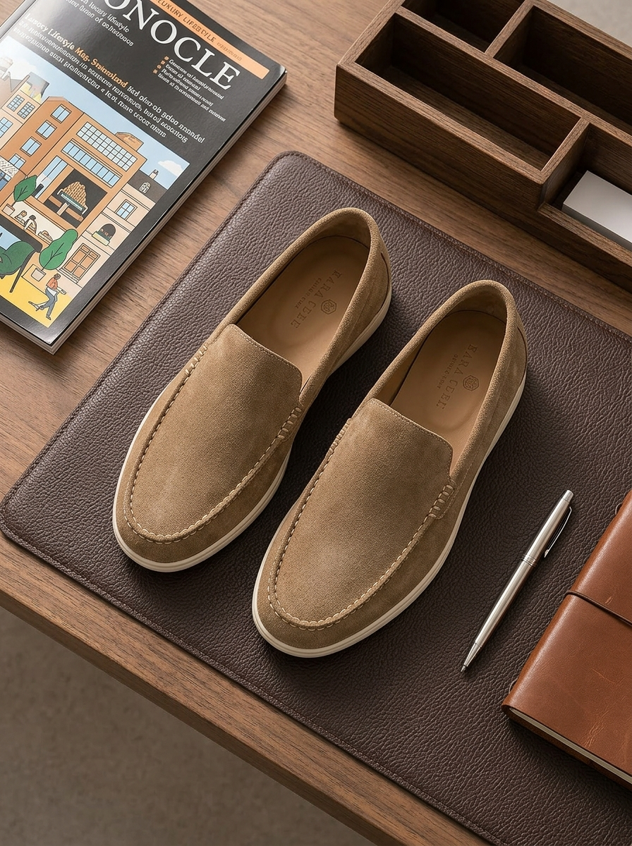 Brown loafers on a brown leather surface with a pen and magazine in the background