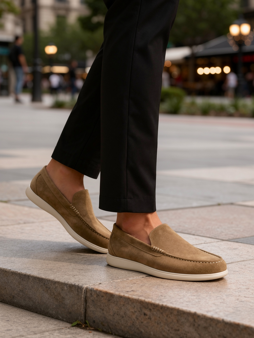 Person wearing brown loafers on a city street