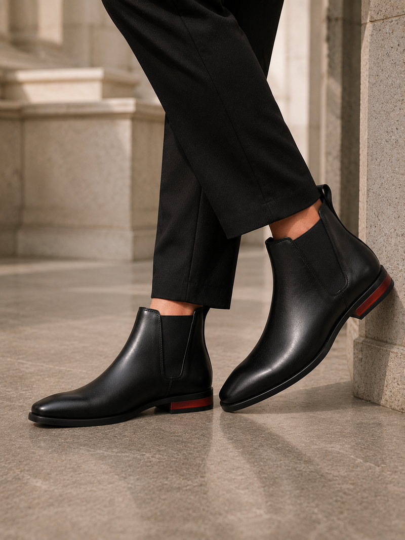 Black leather Chelsea boots worn with black pants on a stone floor.