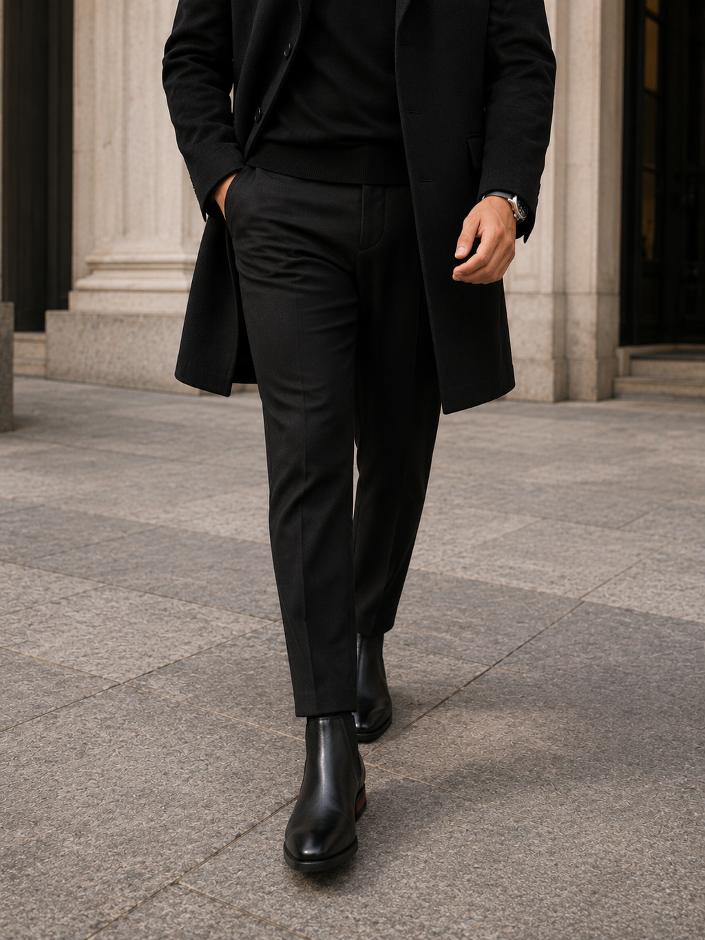 Person wearing a black coat, black pants, and black shoes on a city street.