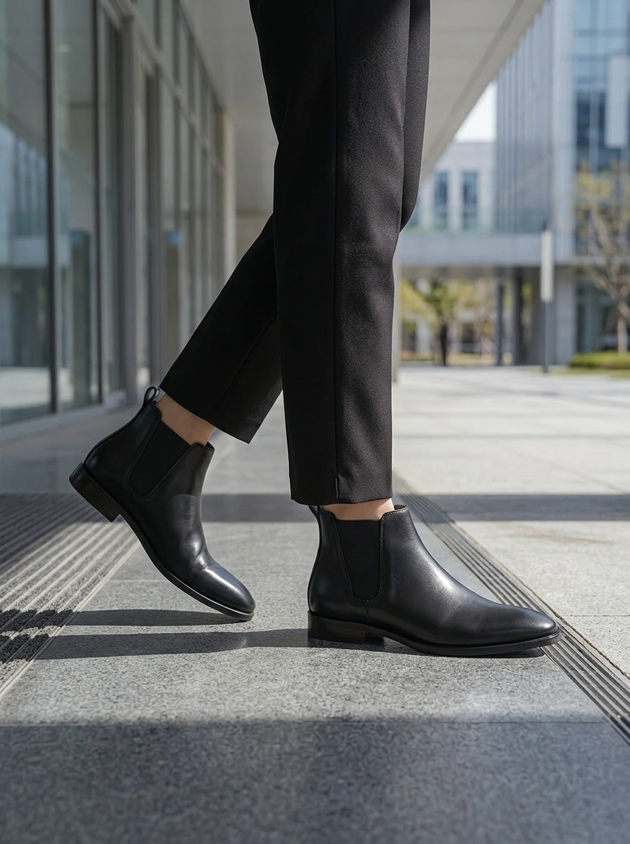 Person wearing black leather ankle boots and black pants on a city street.