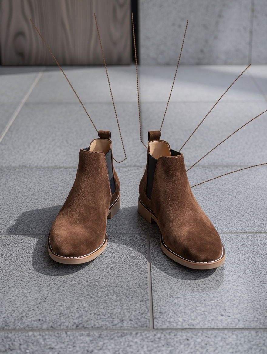 Pair of brown suede boots on a gray tiled floor
