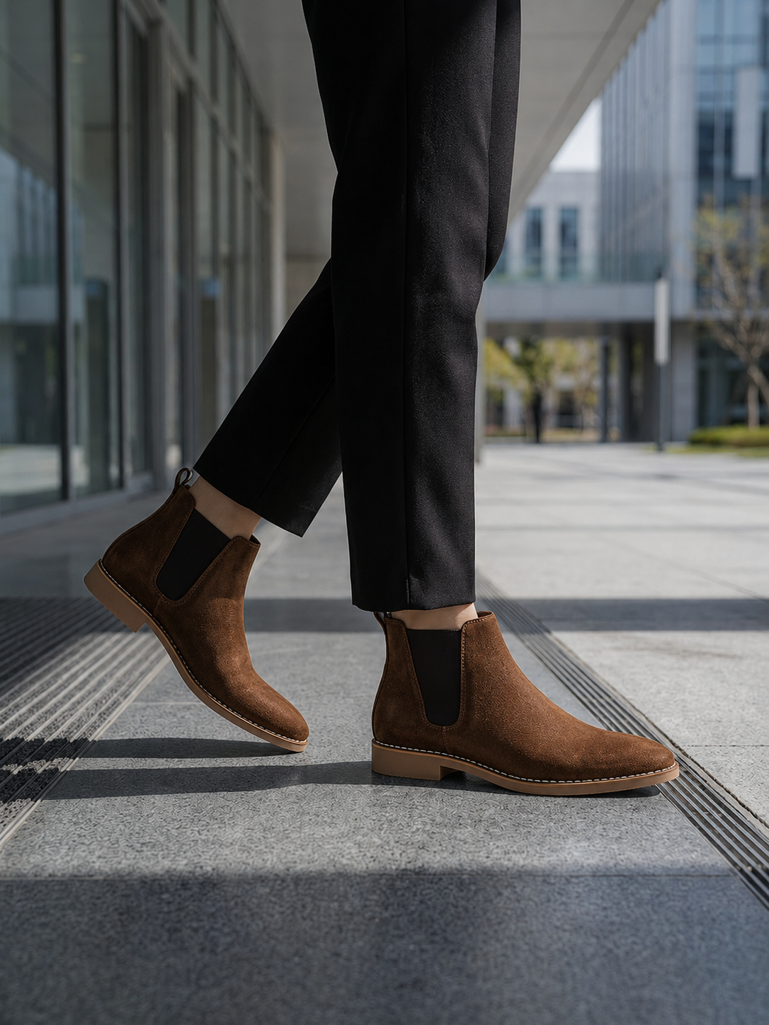 Person wearing brown Chelsea boots and black pants on a city street.