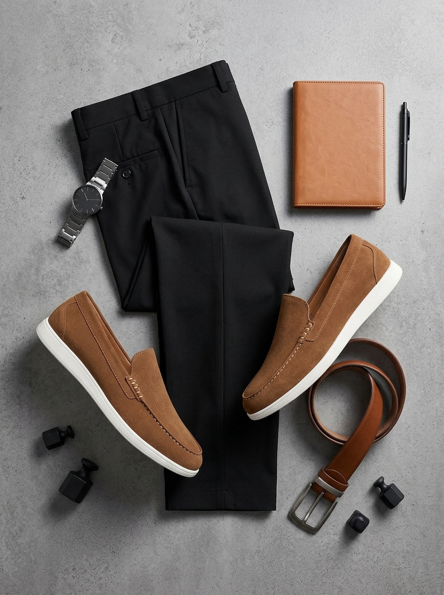Brown loafers, black pants, brown belt, leather notebook, and pen on a gray surface