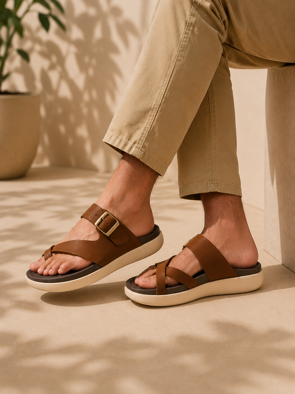 Brown sandals worn with beige pants on a neutral background