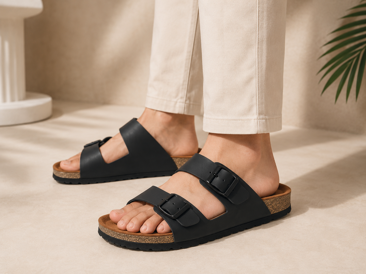 Black sandals with cork sole worn by a person on a neutral background